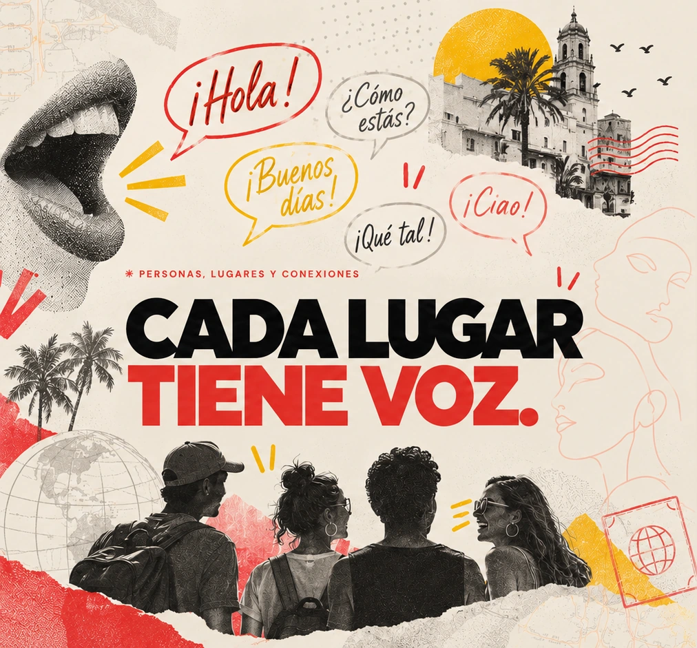 Collage de viajes e idiomas: CADA LUGAR TIENE VOZ