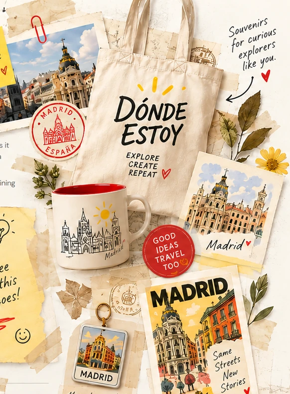 DÓNDE ESTOY travel-inspired tote, Madrid postcards, mug and souvenirs