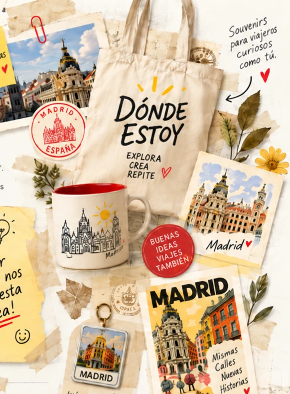 Bolsa de tela de DÓNDE ESTOY, postales, taza y recuerdos de Madrid