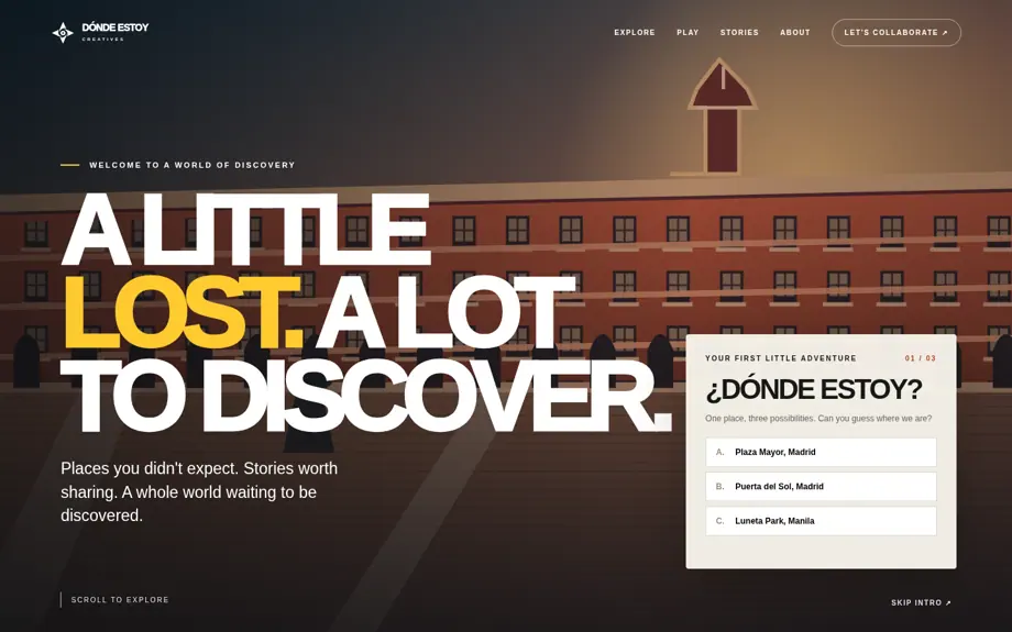 Screenshot of a Dónde Estoy interactive website design
