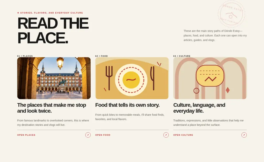 Three illustrated destination story categories: Places, Food, and Culture