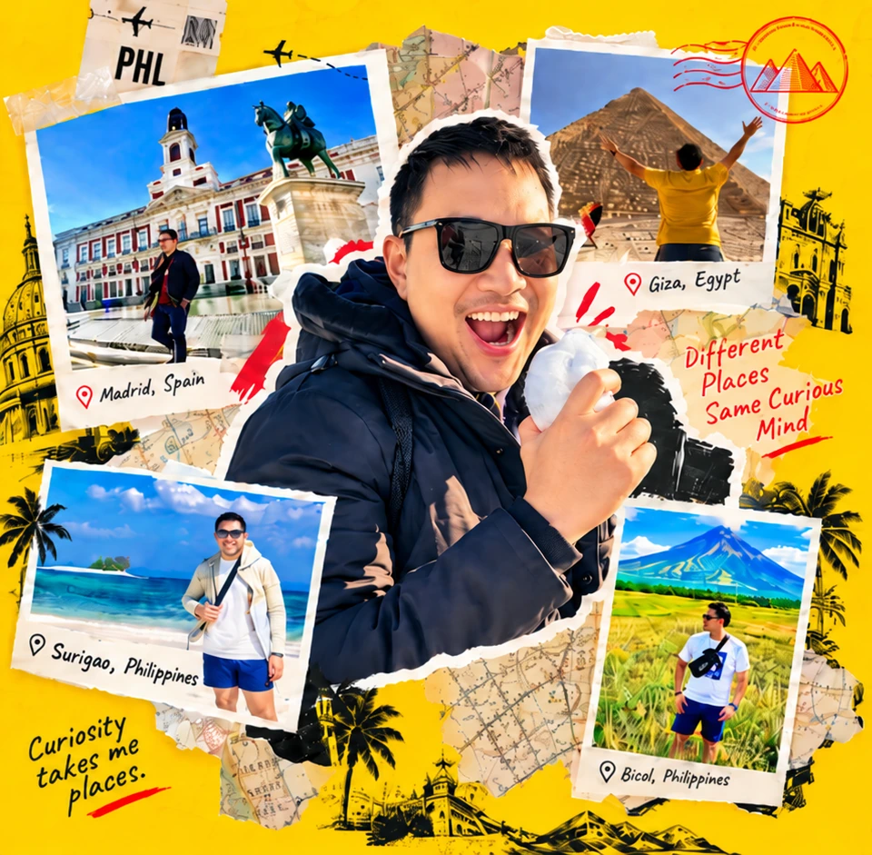 Travel scrapbook collage of Adi with photos from Spain, the Philippines and Egypt