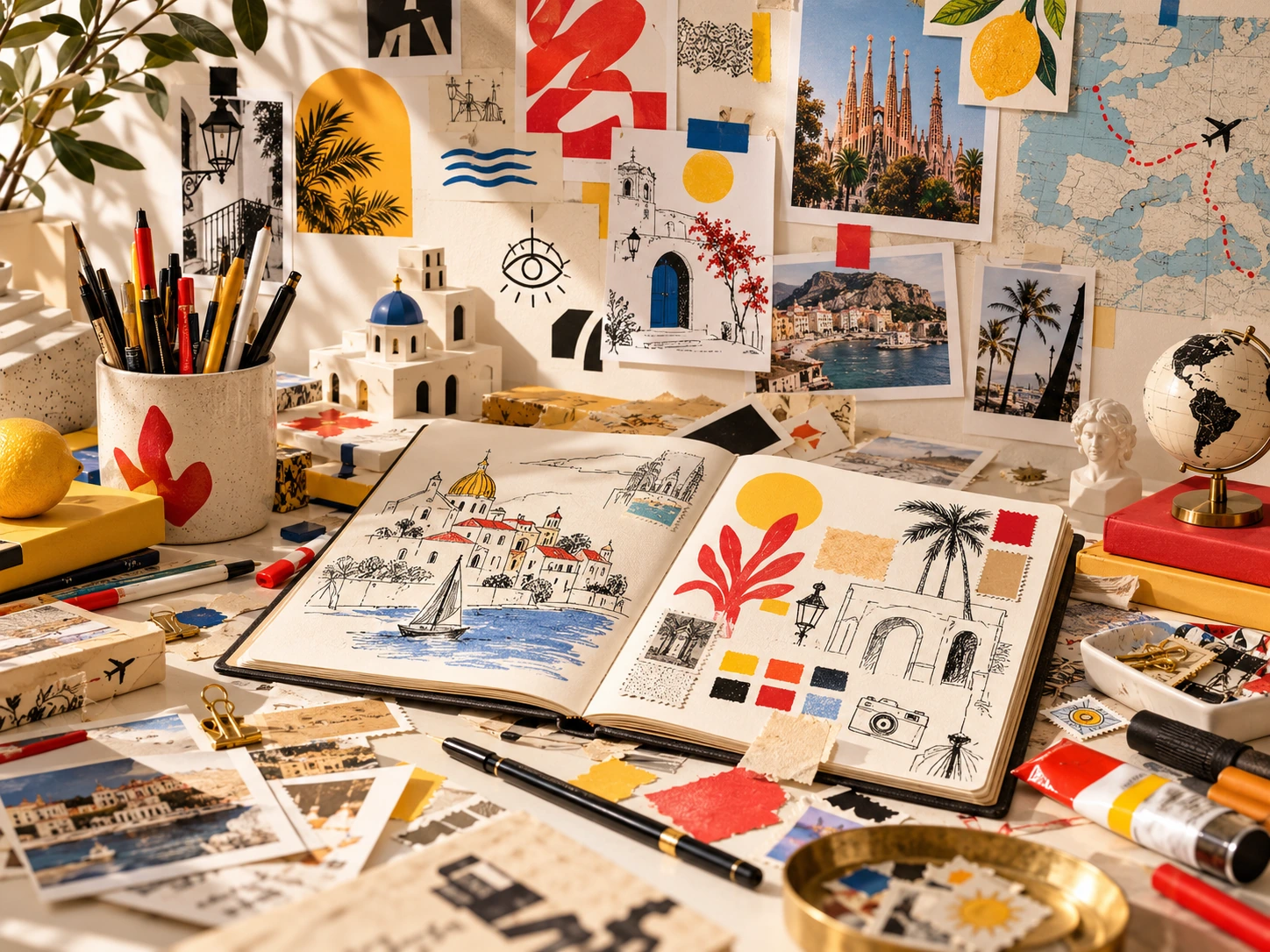 Artistic travel journal with sketchbook and photography tools
