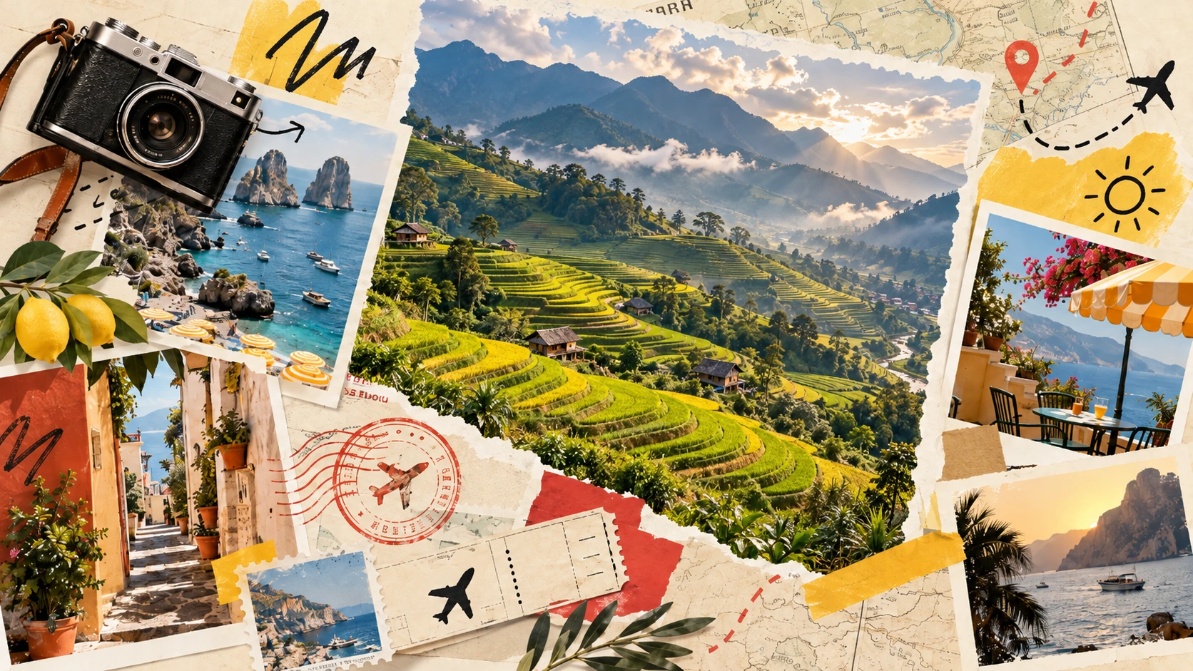 Travel photography overlooking a town and mountains