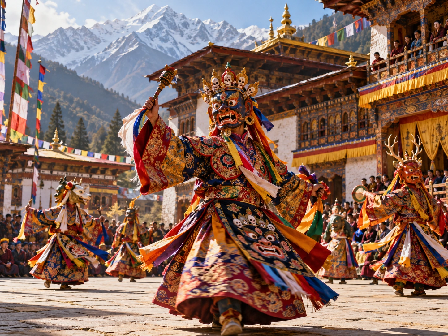 Colorful masked dancers at a Bhutanese cultural festival with Himalayan mountains