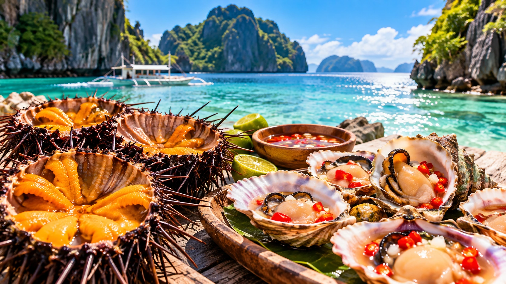 Fresh sea urchins and shellfish with chili, vinegar and lime by a tropical bay