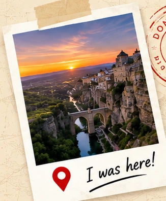Travel postcard photograph with I was here handwritten underneath