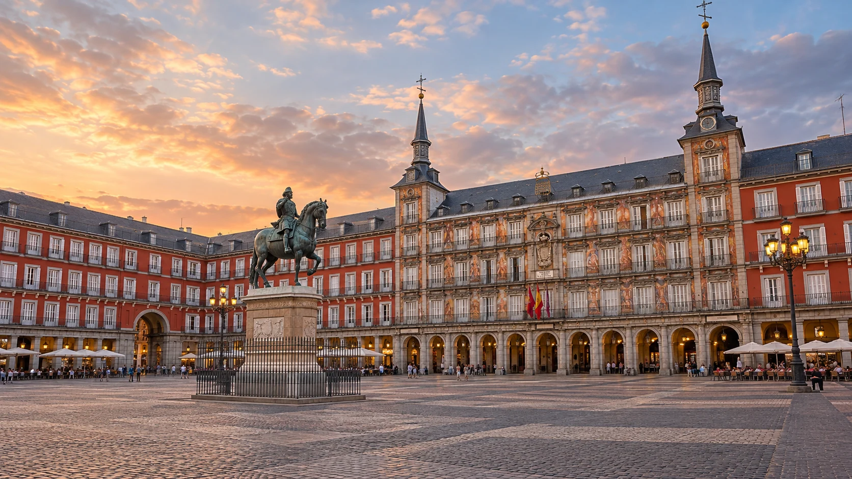 Explore the Plaza Mayor photograph to spot clues before choosing your answer