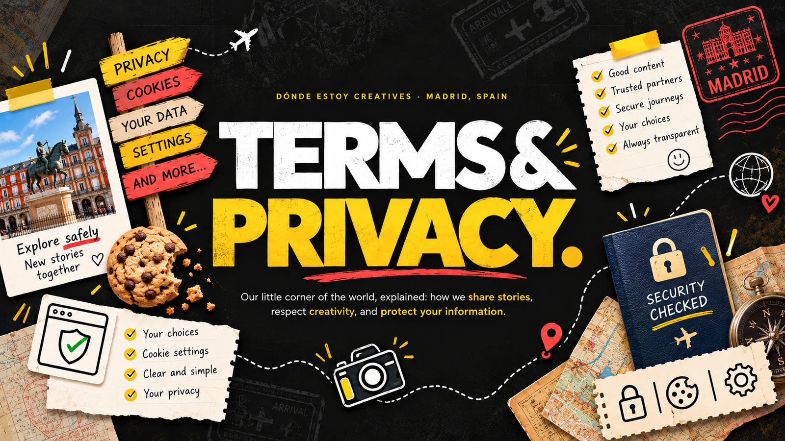 DÓNDE ESTOY CREATIVES illustrated Terms and Privacy banner with travel and privacy illustrations