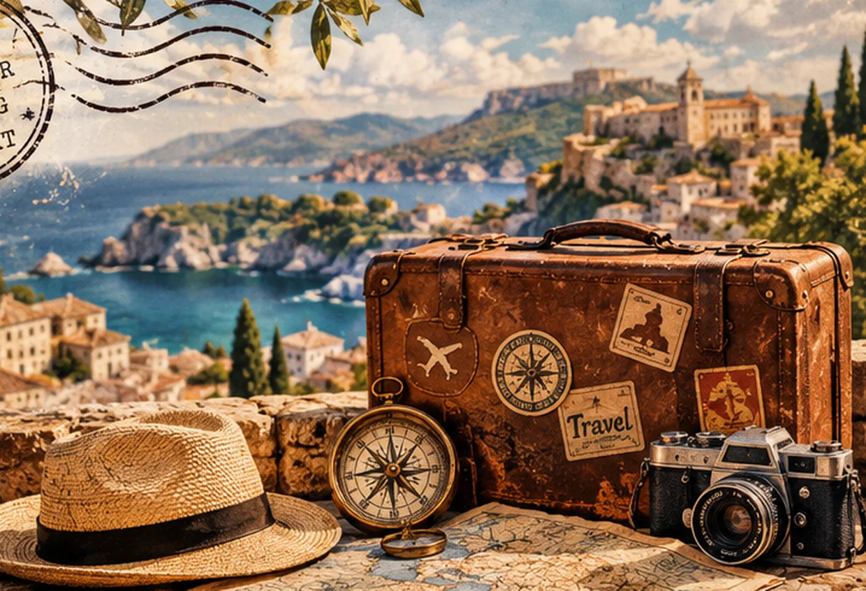 Signature Wanderer illustration with vintage suitcase, camera, compass and travel map